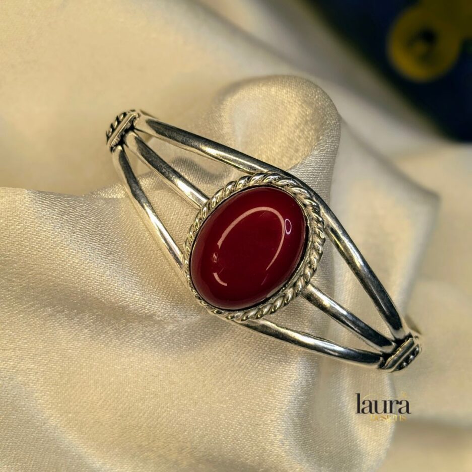 oxidized silver bangle with red stone