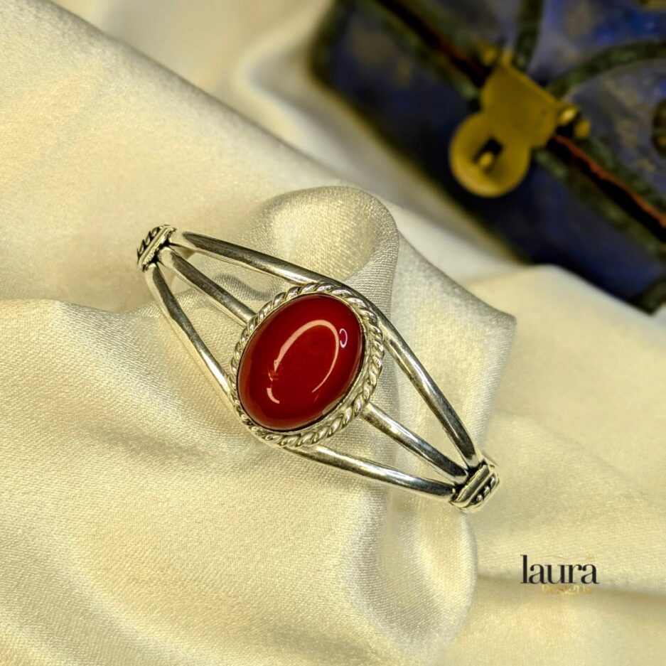 oxidized silver bangle with red stone