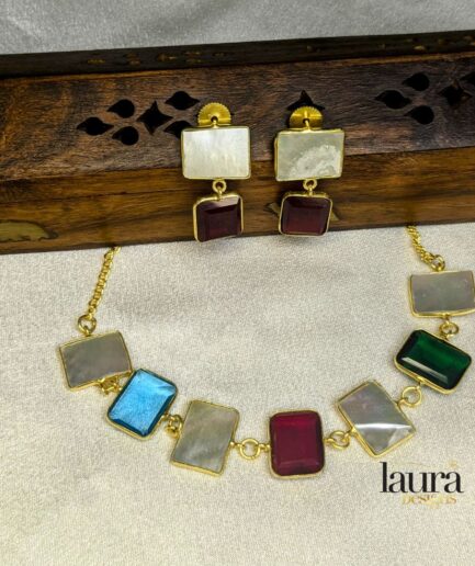 multi color square natural stone necklace