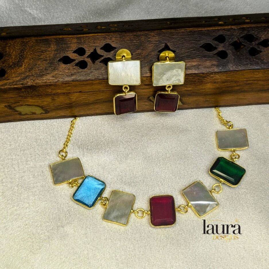multi color square natural stone necklace