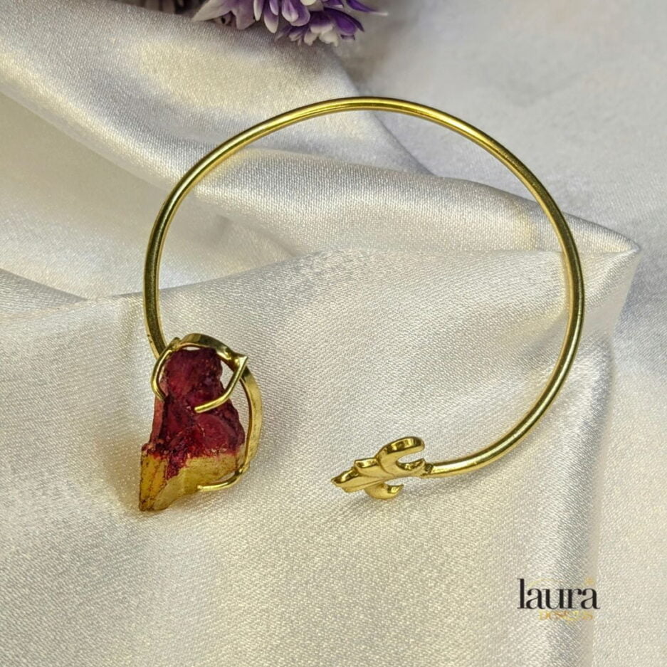 Red and yellow raw stone statement golden bangle