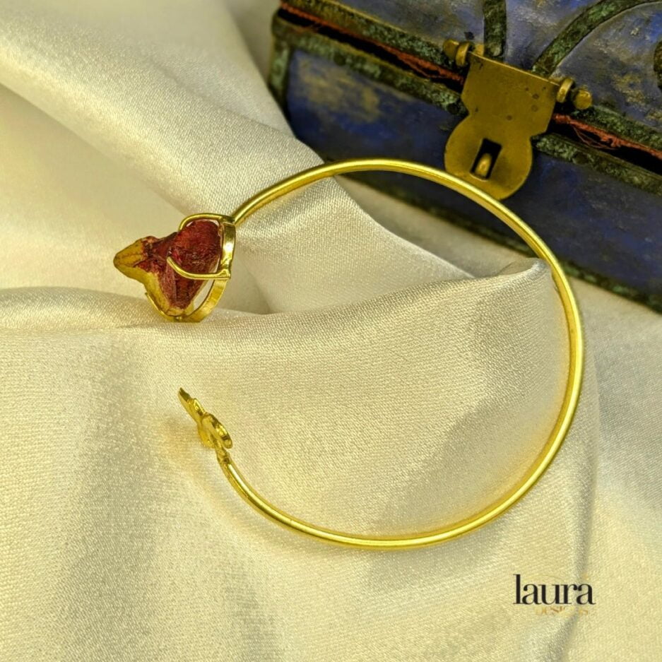 Red and yellow raw stone statement golden bangle