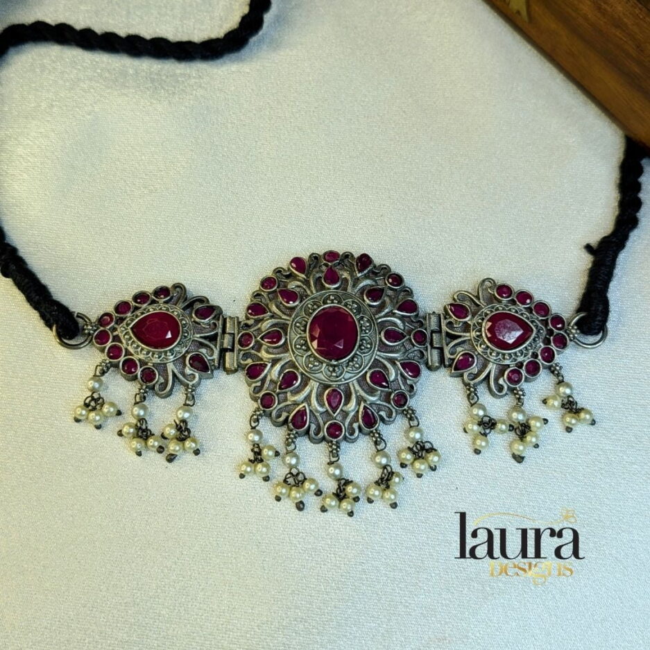 ruby pink stone oxidised silver necklace set with earrings (2)