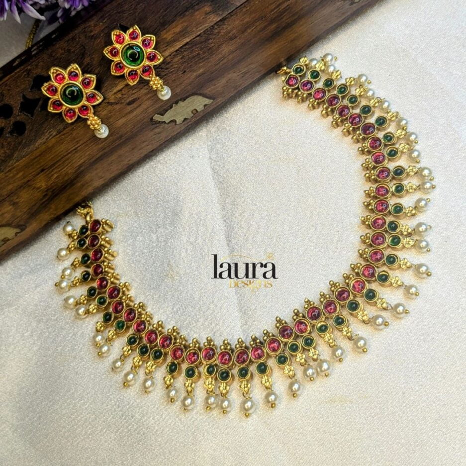 Ruby and green stone traditional necklace set with Pearls