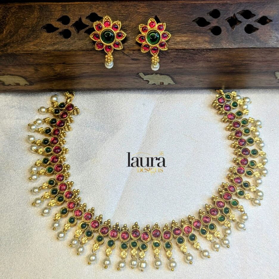 Ruby and green stone traditional necklace set with Pearls