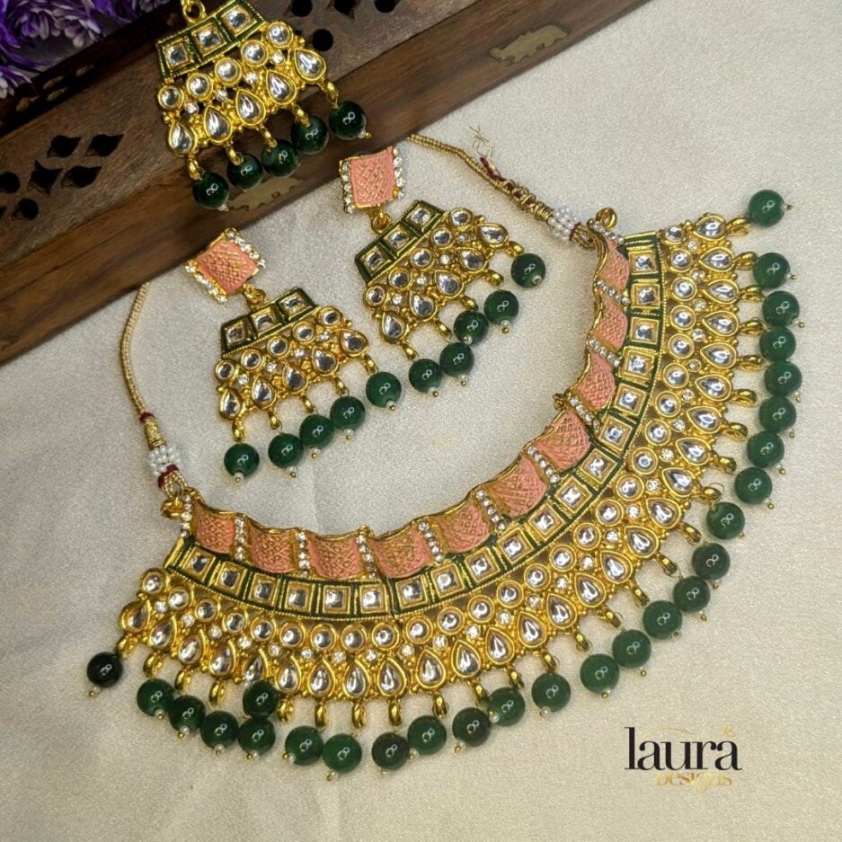 bold kundan necklace with white and green stones