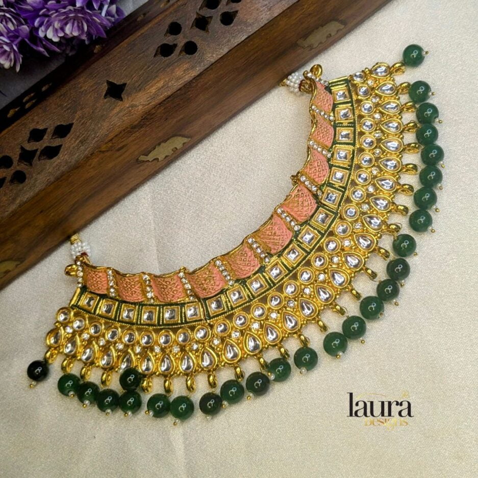 bold kundan necklace with white and green stones