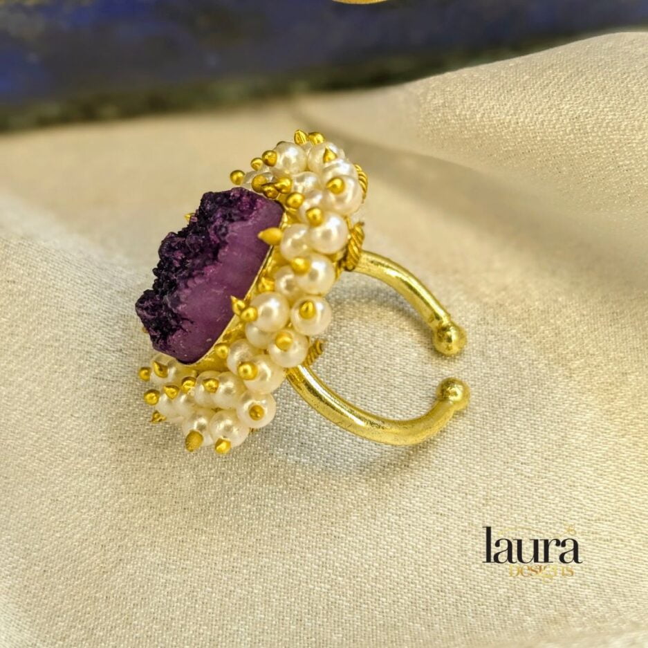 Purple Druzy Raw Stone with Pearl Finger ring