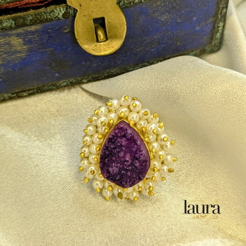 Purple Druzy Raw Stone with Pearl Finger ring