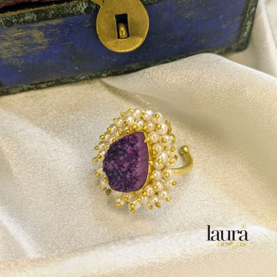 Purple Druzy Raw Stone with Pearl Finger ring