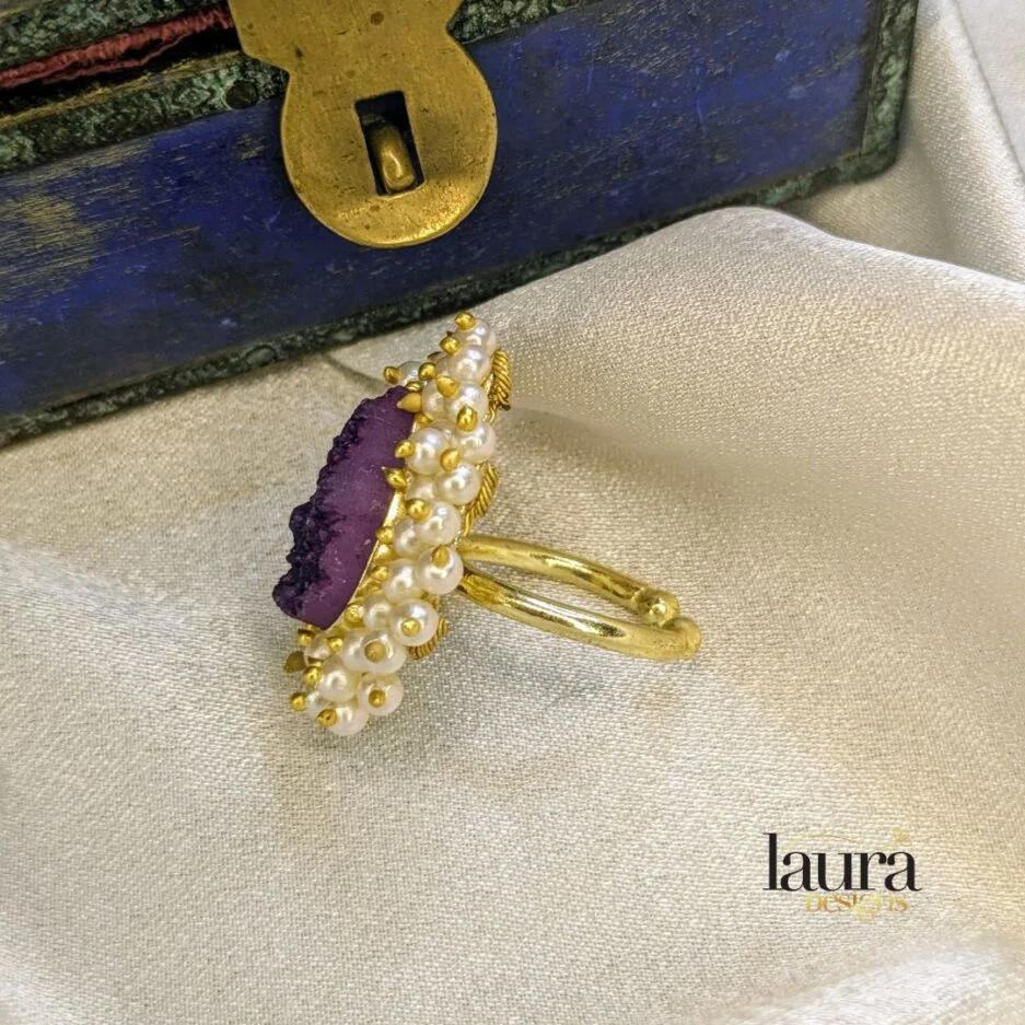 Purple Druzy Raw Stone with Pearl Finger ring