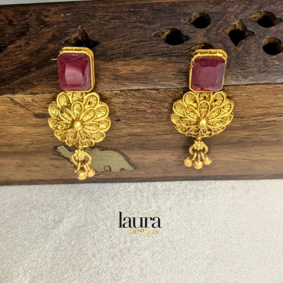 Earrings for Traditional neckpiece with ruby pink and green stones