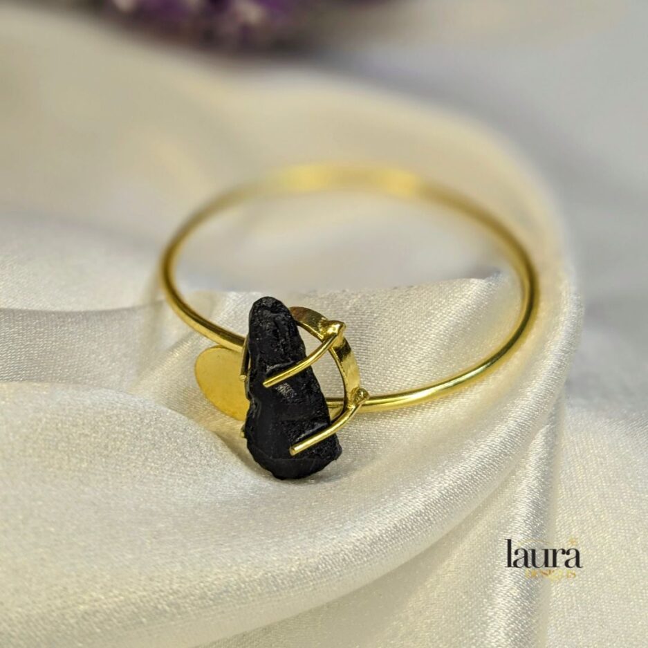 Black natural raw stone adjustable statement bangle
