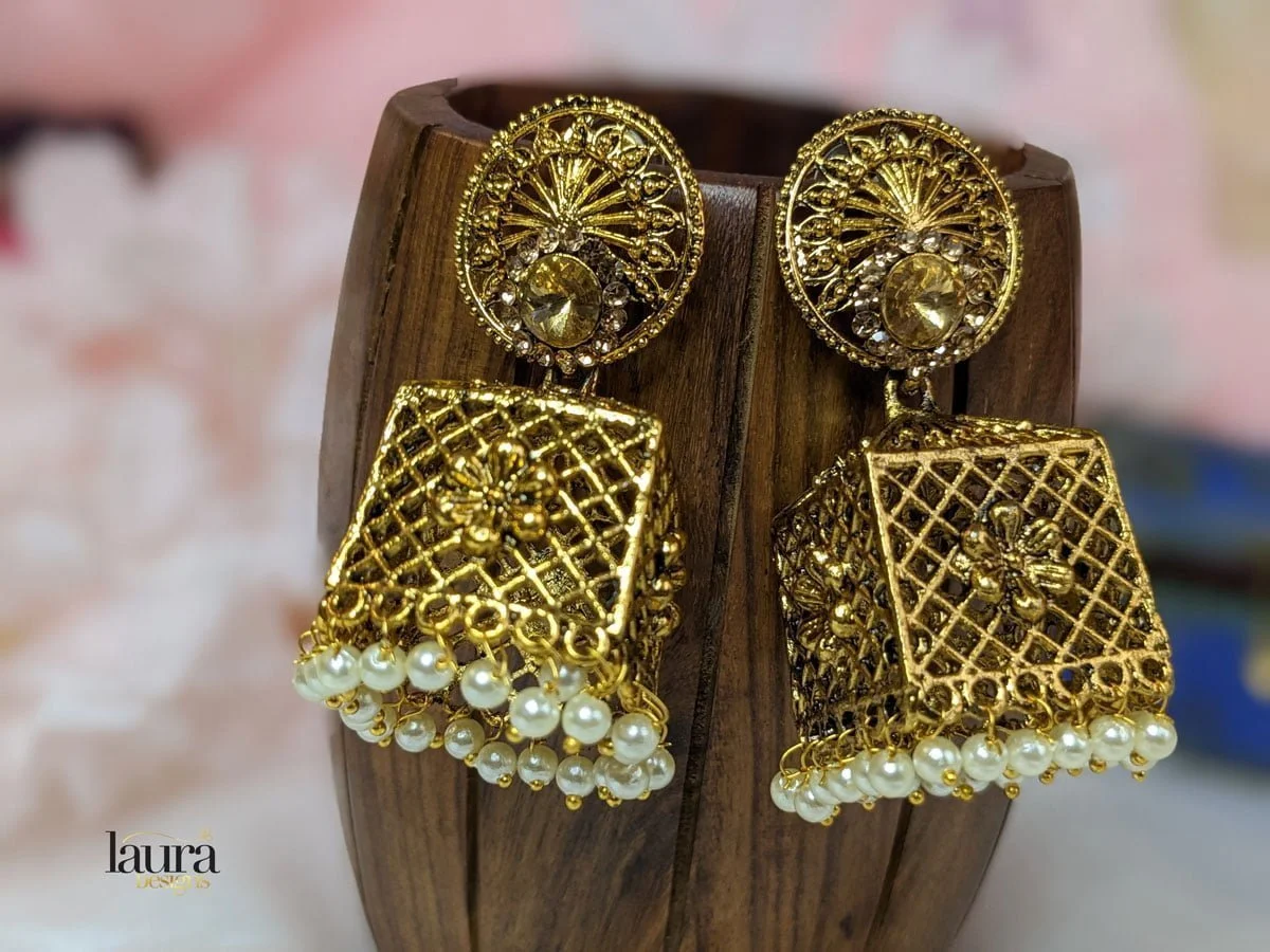 Traditional Antique Gold Polish Jhumka Earrings With Pearl Drops