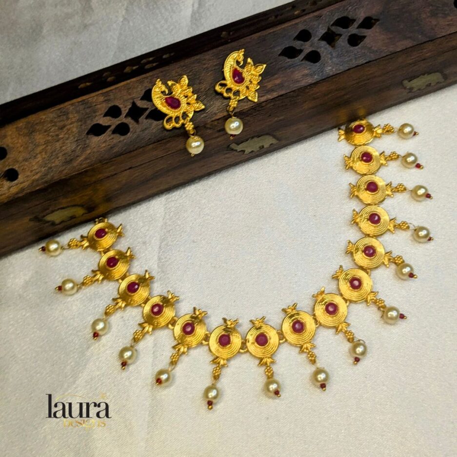 gold plated traditional necklace set with red stones and pearl hangings
