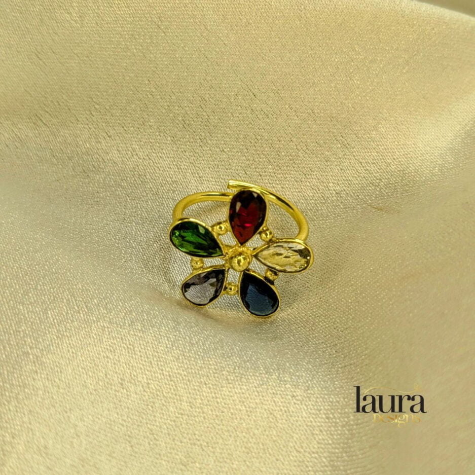 gold plated flower ring with 5 colour stones