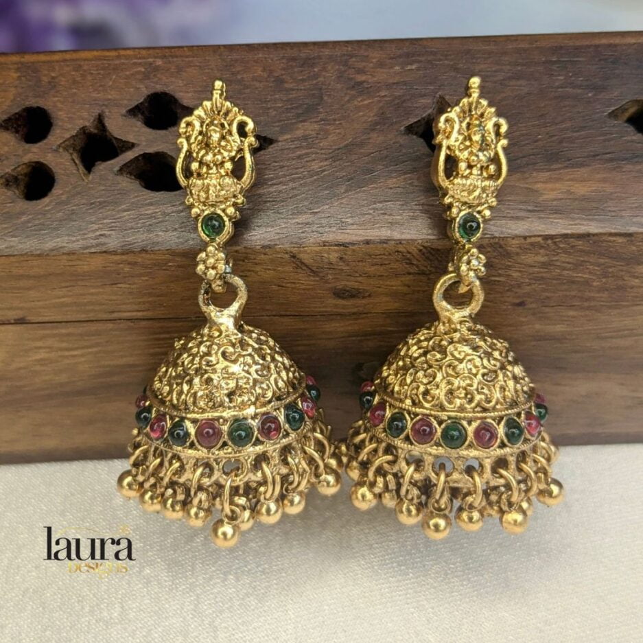 Earrings for Traditional necklace set with pink and green stones