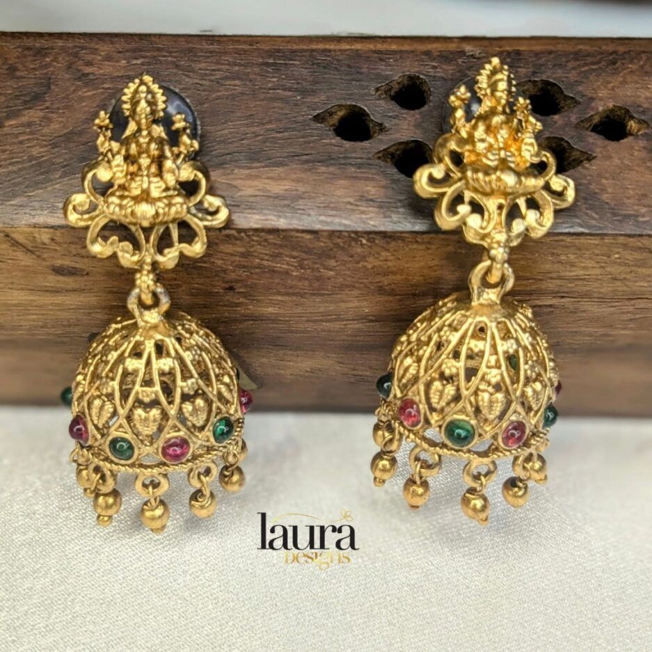Earrings for Traditional necklace set with pink and green stones