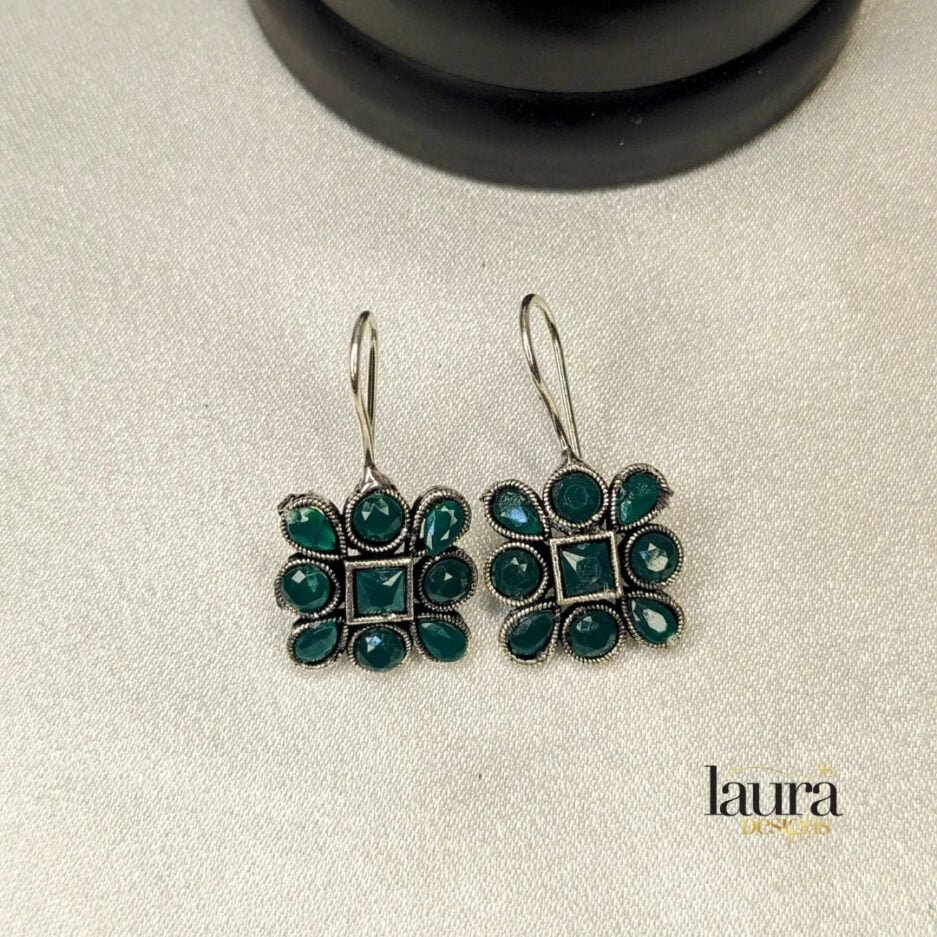 green stone oxidised silver earrings