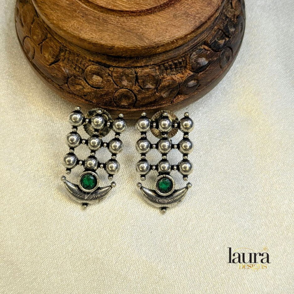 oxidised silver green earrings