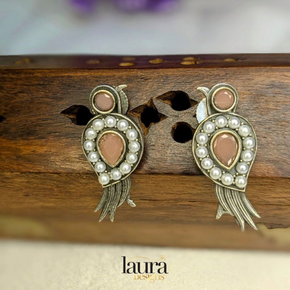 pink stone oxidised earrings