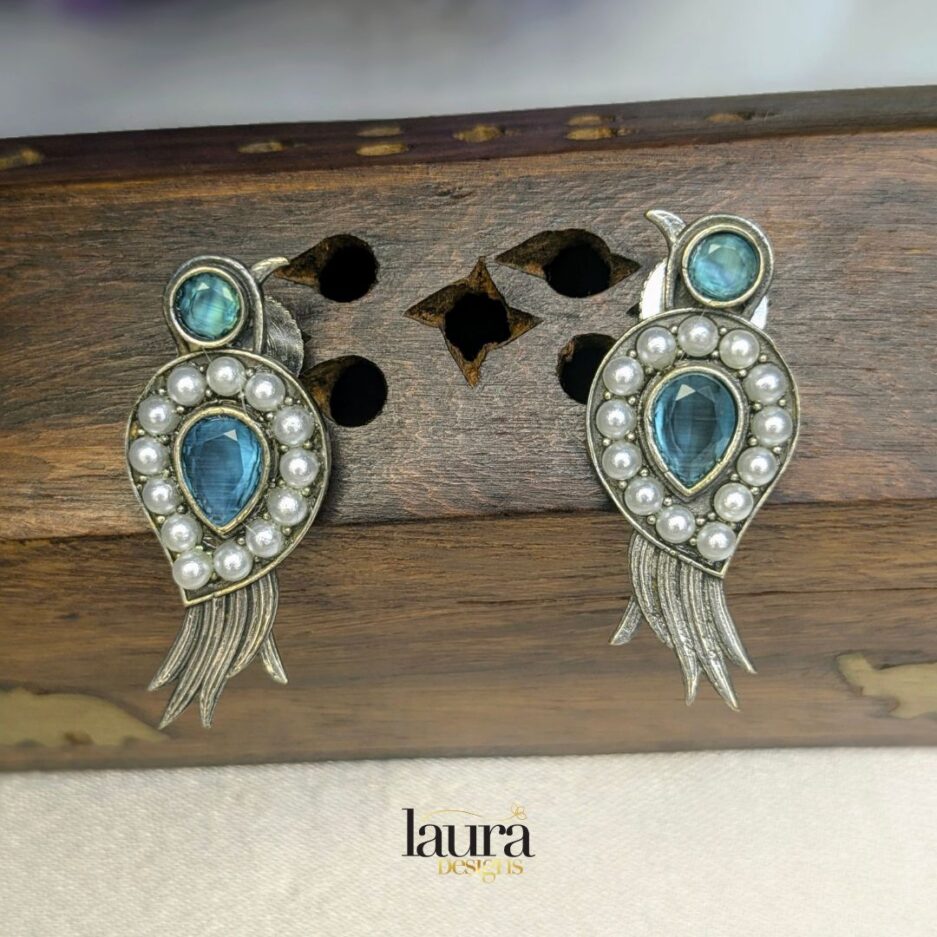 aqua blue stone oxidised earrings