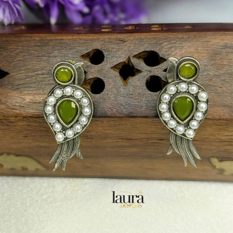 green stone oxidised earrings