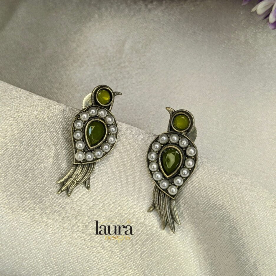 green stone oxidised earrings