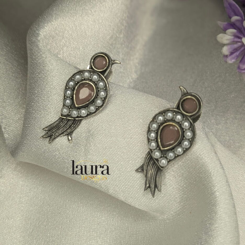 pink stone oxidised earrings