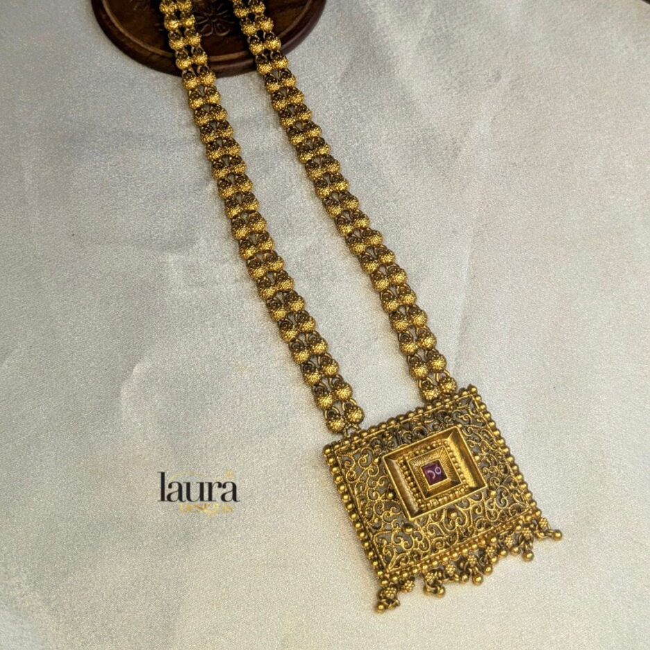 ruby pink stone studded long haram necklace set