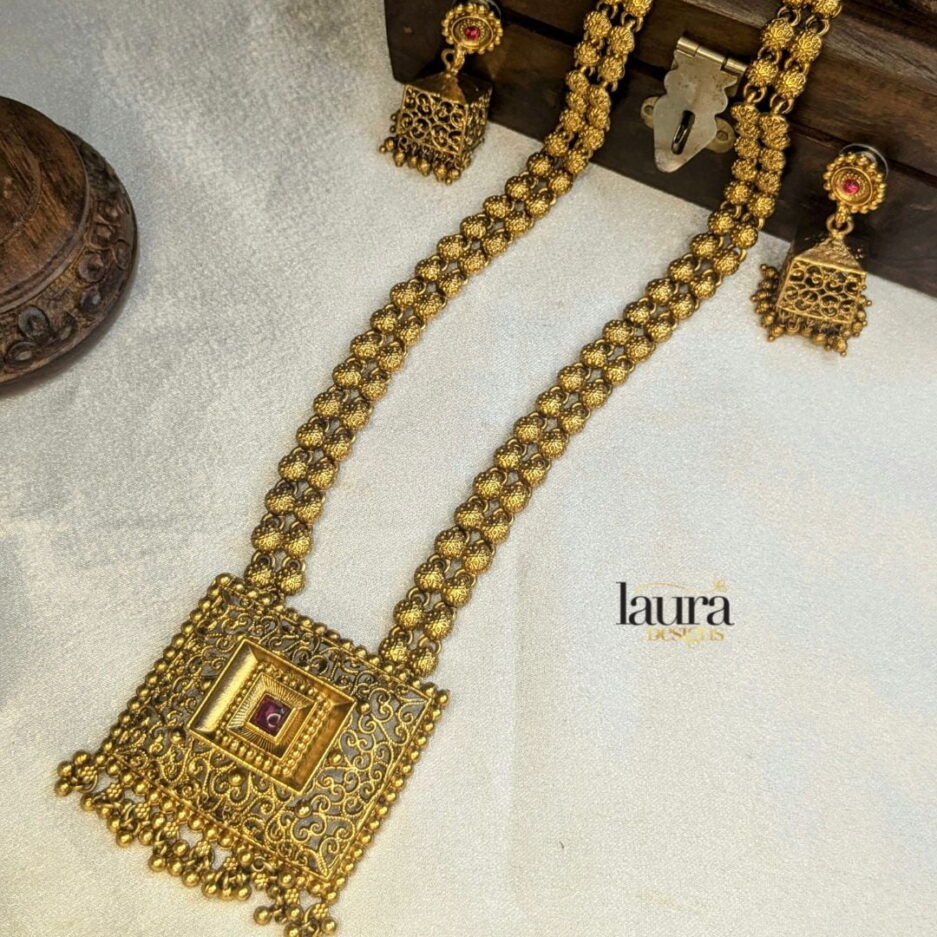 ruby pink stone studded long haram necklace set