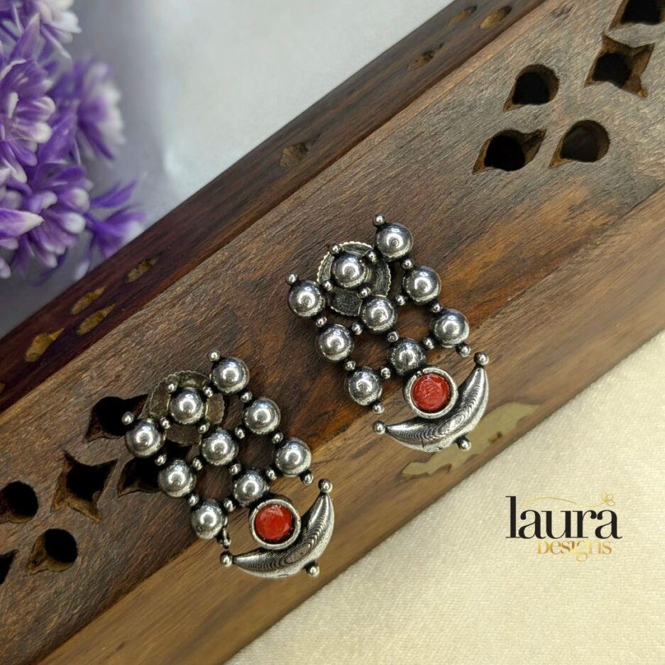 silver red stone earrings