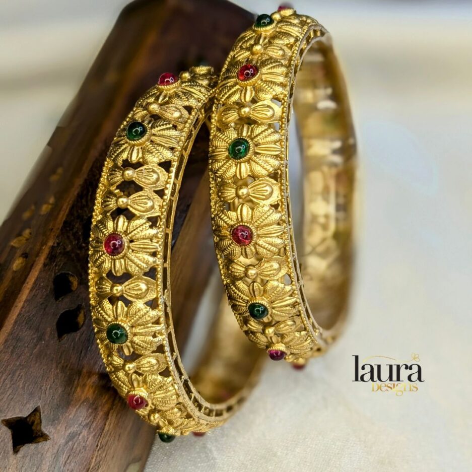 pink and green stone studded bold traditional bangle