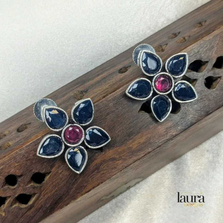 blue and pink stone floral earrings